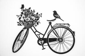 bycicle, nature, bird, deko, black, white, model, young, attractive